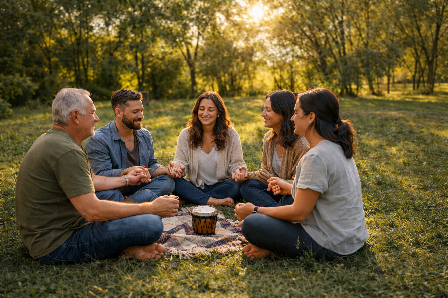 familia en meditación al aire libre